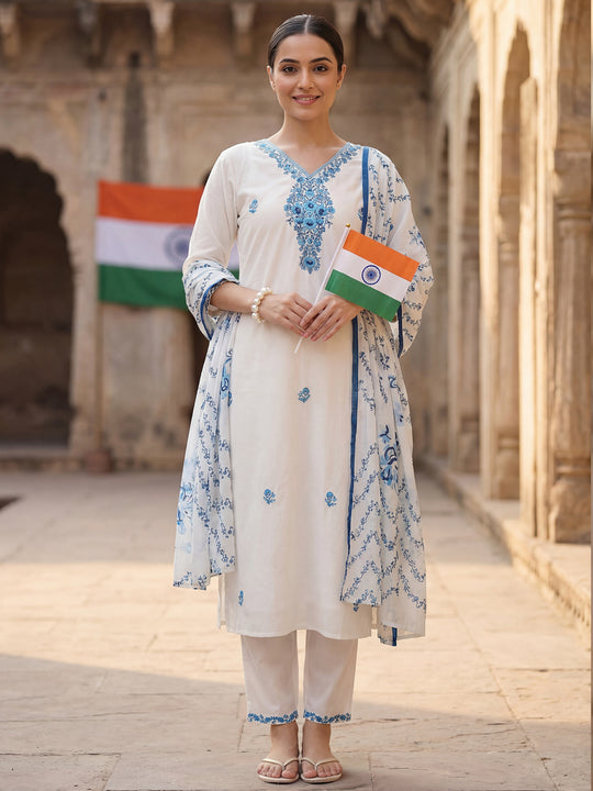 White Embroidered Pure Cotton Straight Kurta Sets With Dupatta