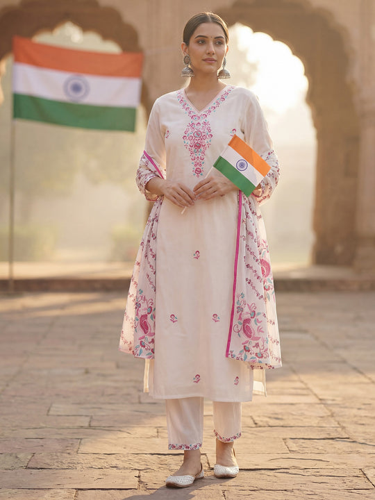 White Embroidered Pure Cotton Straight Kurta Sets With Dupatta