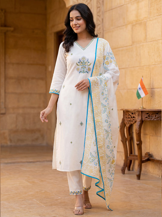 White Embroidered Pure Cotton Straight Kurta Sets With Dupatta