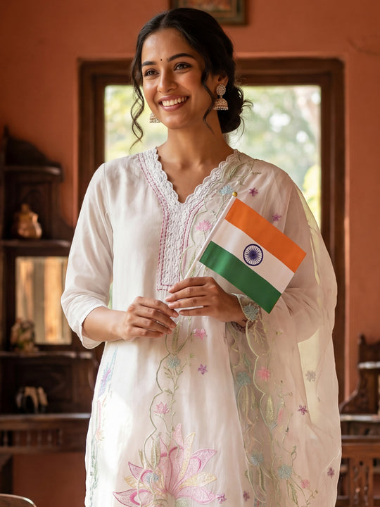 Indo Era White Solid Straight Kurta Trousers With Dupatta set