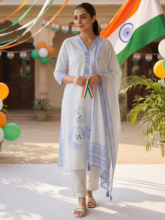 Blue Printed Linen Straight Kurta Sets With Dupatta
