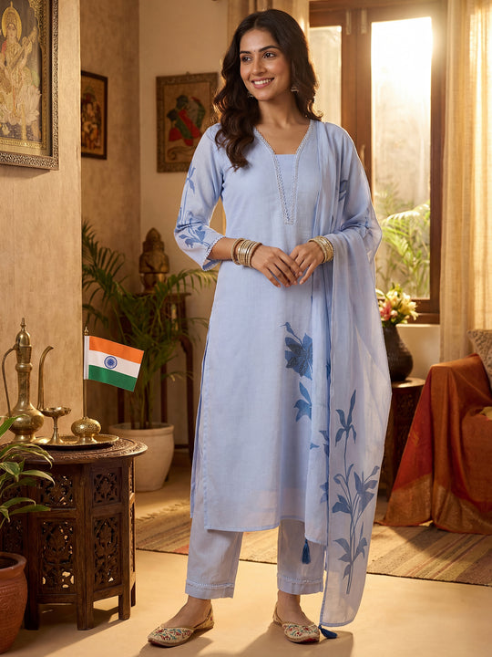 Blue Printed Linen Straight Kurta Sets With Dupatta