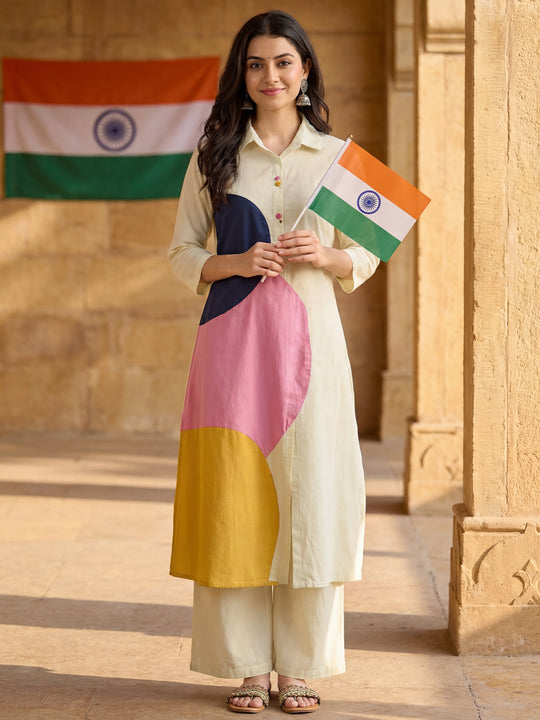 Off White Printed Pure Cotton A-Line Kurta Trouser Set