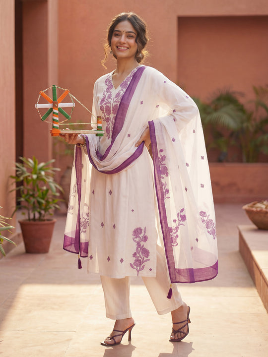 White Embroidered Viscose Rayon A-Line Suit Sets With Dupatta