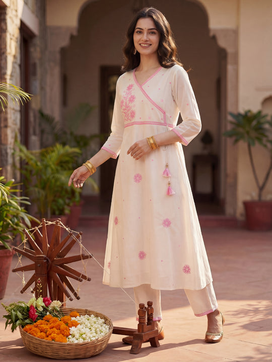 White Embroidered Pure Cotton A-Line Kurta Trousers Set