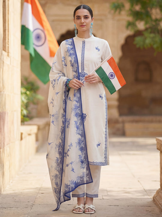 White Embroidered Pure Cotton Straight Suit Sets With Dupatta