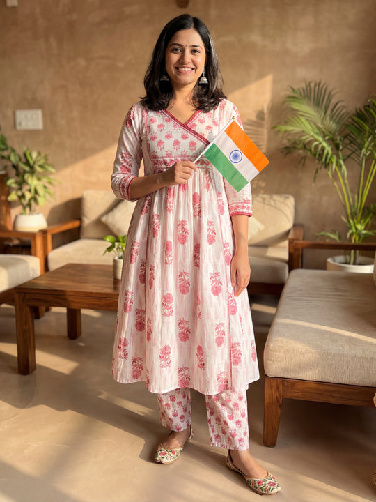 White Printed Pure Cotton A-Line Kurta Trousers Set