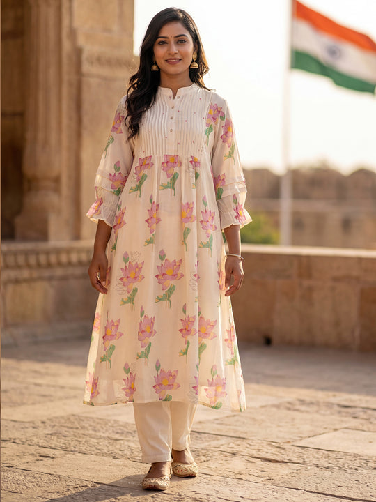 Off White Printed Pure Cotton A-Line Kurta Trousers Set