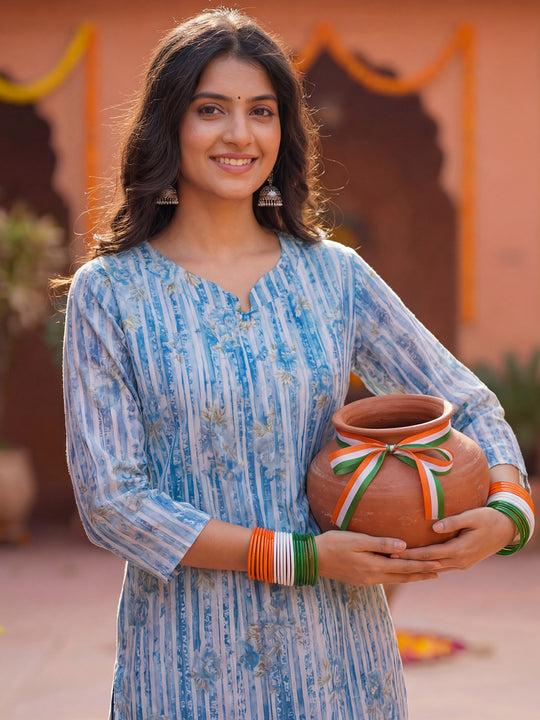 Blue Printed Pure Cotton A-Line Kurta Trousers Set