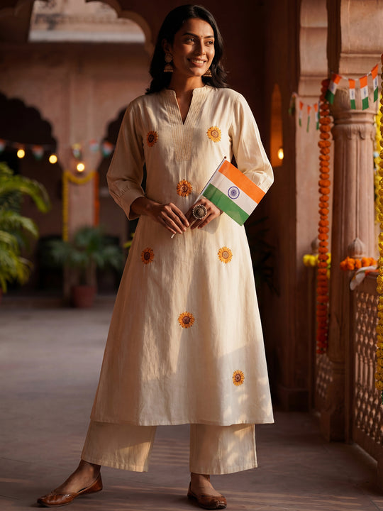 Off White Embroidered Pure Cotton A-Line Kurta Palazzo Set