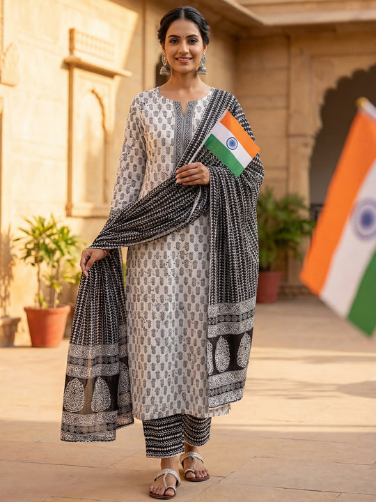 Indo Era White Printed Straight Kurta Palazzos With Dupatta set