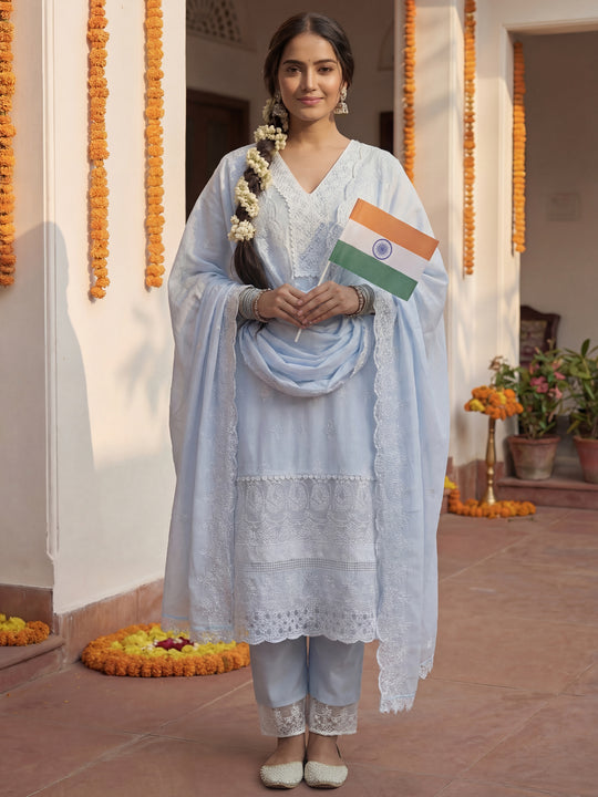 Indo Era Blue Embroidered Straight Kurta Trousers With Dupatta set