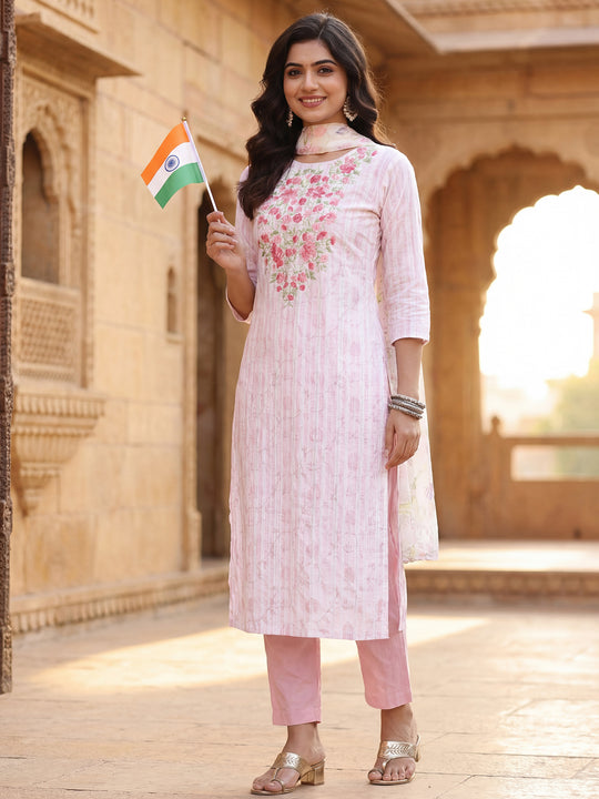 Indo Era White Embroidered Straight Kurta Trousers With Dupatta Set