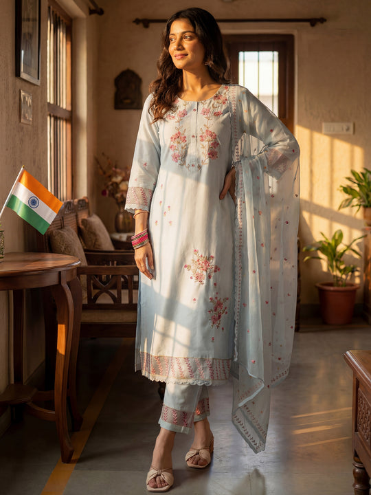 Indo Era Blue Embroidered Straight Kurta Trousers With Dupatta set