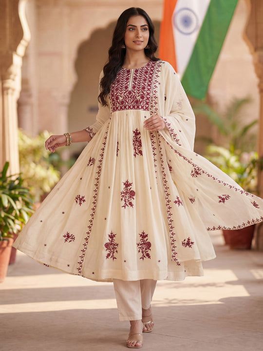 Off White Embroidered Viscose Rayon A-Line Kurta Sets With Dupatta