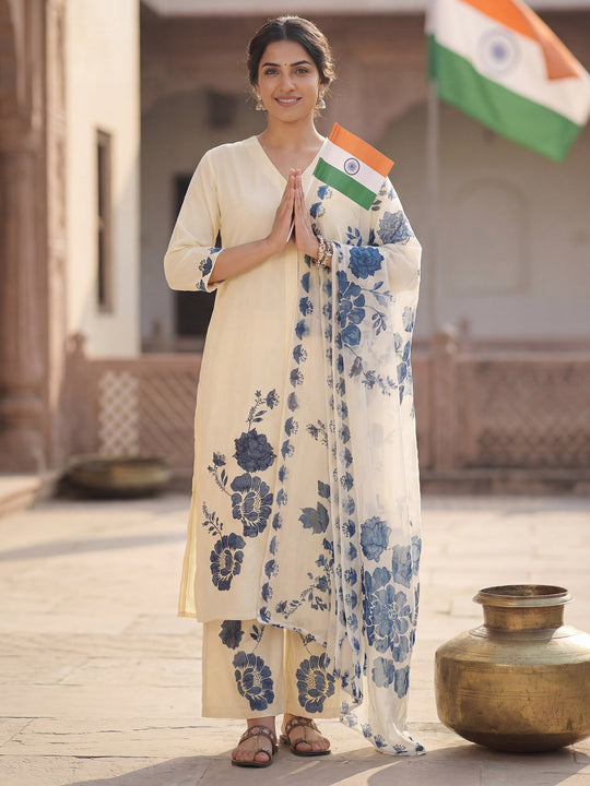 Indo Era Off White Printed Straight Kurta Palazzos With Dupatta Set