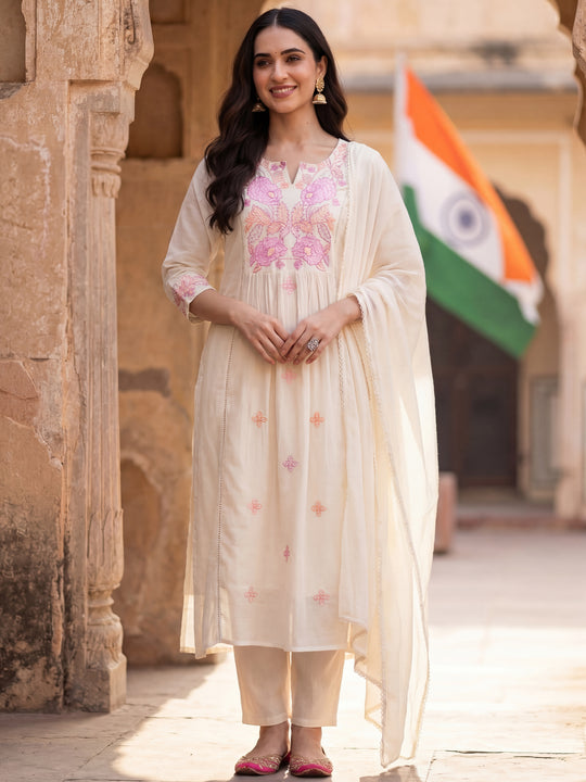 Indo Era Off White Embroidered A-Line Kurta Trousers With Dupatta set