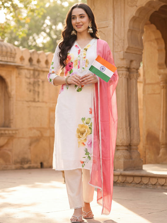 Off White Printed Straight Kurta Trousers With Dupatta