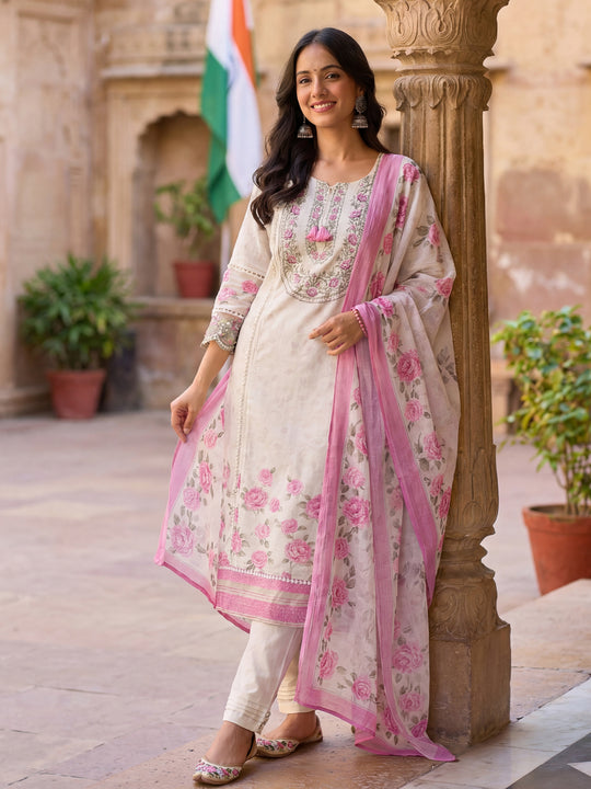 White Embroidered Straight Kurta Trousers With Dupatta