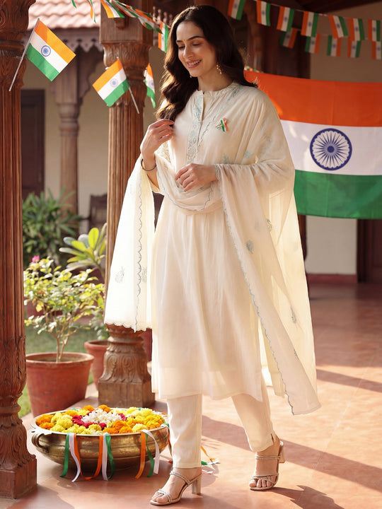 Off White Embroidered Pure Cotton Anarkali Kurta Sets With Dupatta