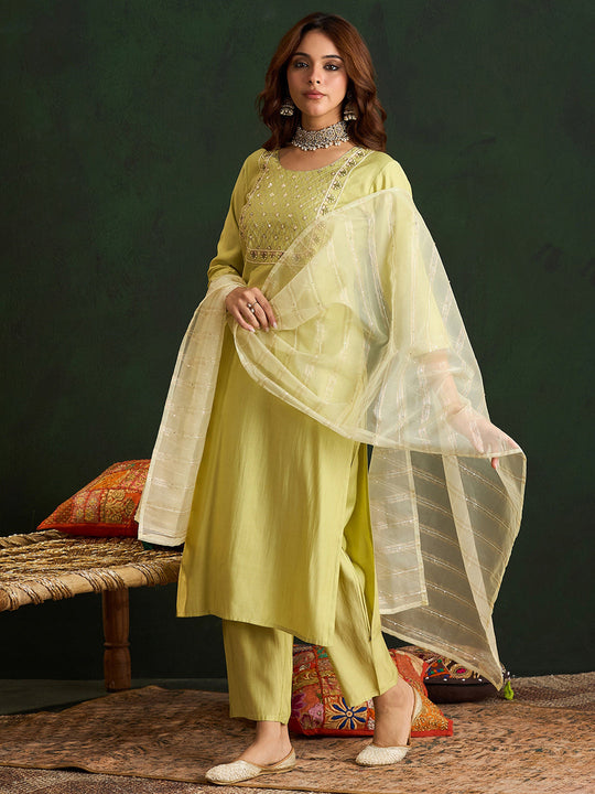 Indo Era Olive Embroidered Straight Kurta Trousers With Dupatta Set