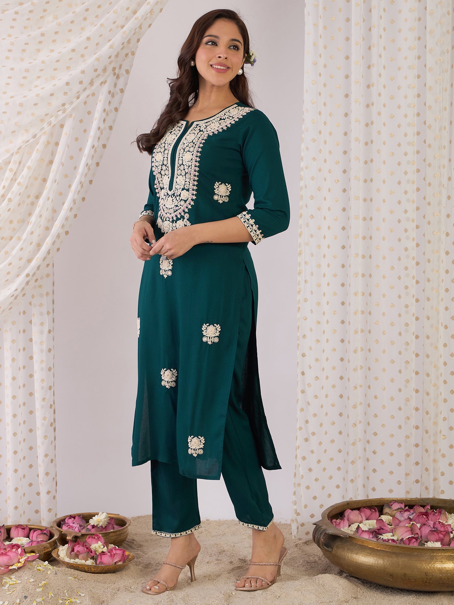 indo era, suit, kurta set for women, indo era kurta, kurta sets for ladies, summer dresses for women, 3 piece suit, cotton kurta set for women, new arrivals, women kurti plazo set, women in suit, kurta suit, floral kurta, short suit, spring summer, Teal suit