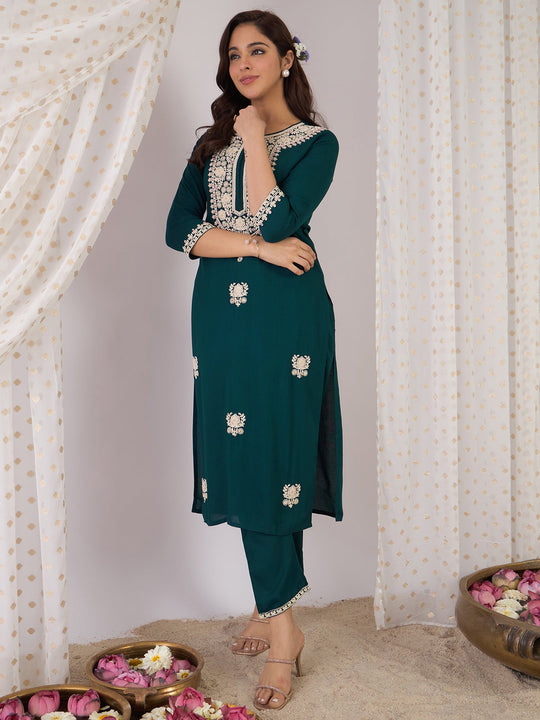 Indo Era Teal Embroidered Straight Kurta Trousers  Set