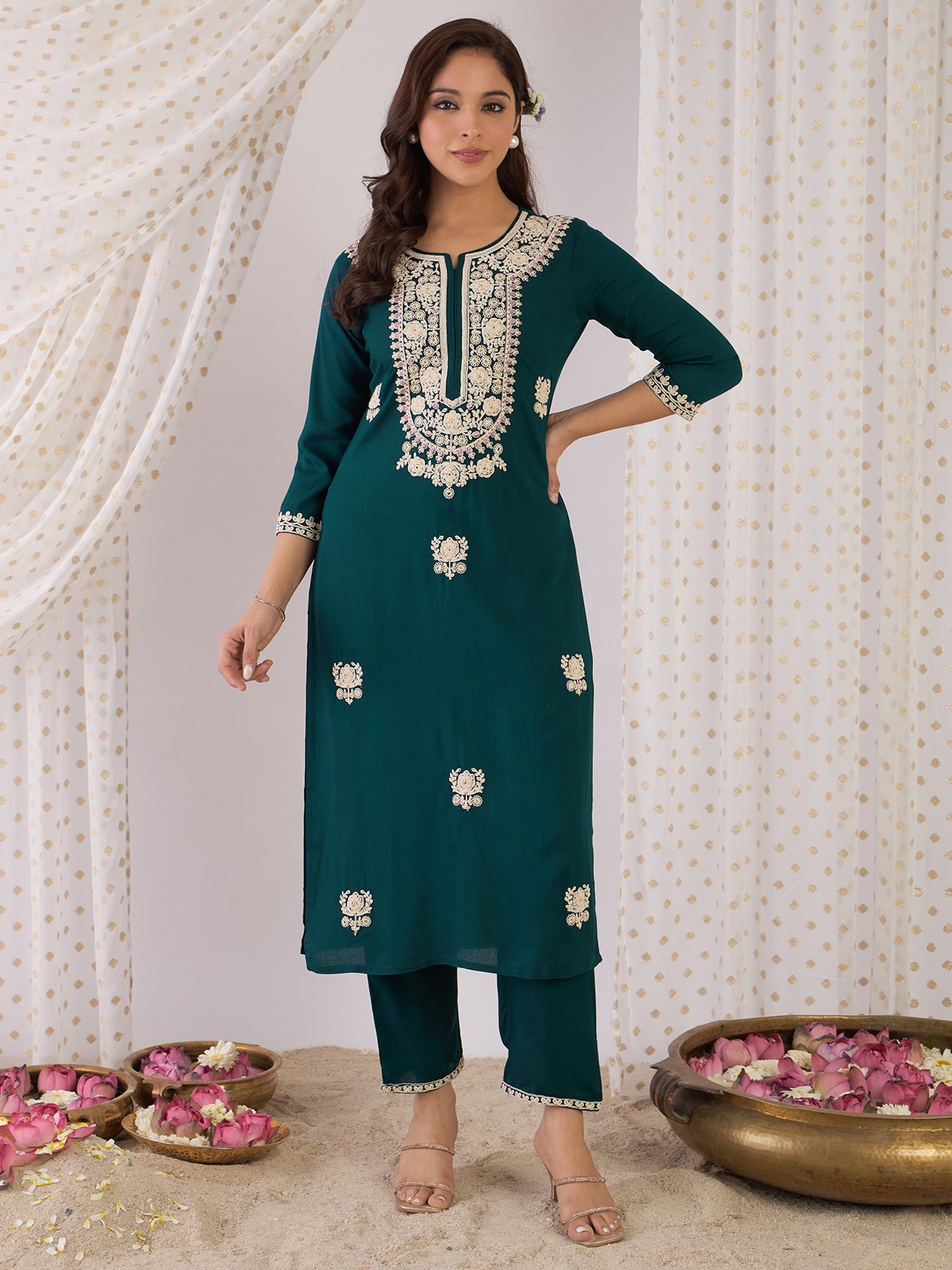 indo era, suit, kurta set for women, indo era kurta, kurta sets for ladies, summer dresses for women, 3 piece suit, cotton kurta set for women, new arrivals, women kurti plazo set, women in suit, kurta suit, floral kurta, short suit, spring summer, Teal suit