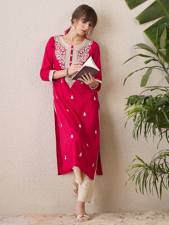Pink Embroidered Viscose Rayon Straight Kurta