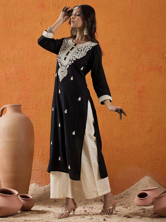 Indo Era Black Embroidered Straight Kurtas