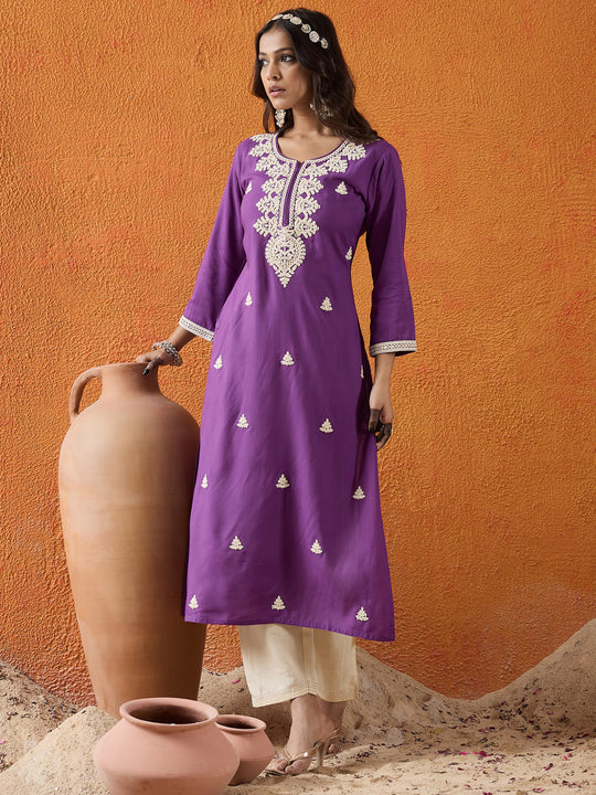 Indo Era Purple Embroidered Straight Kurtas