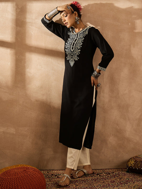Indo Era Black Embroidered Straight Kurtas