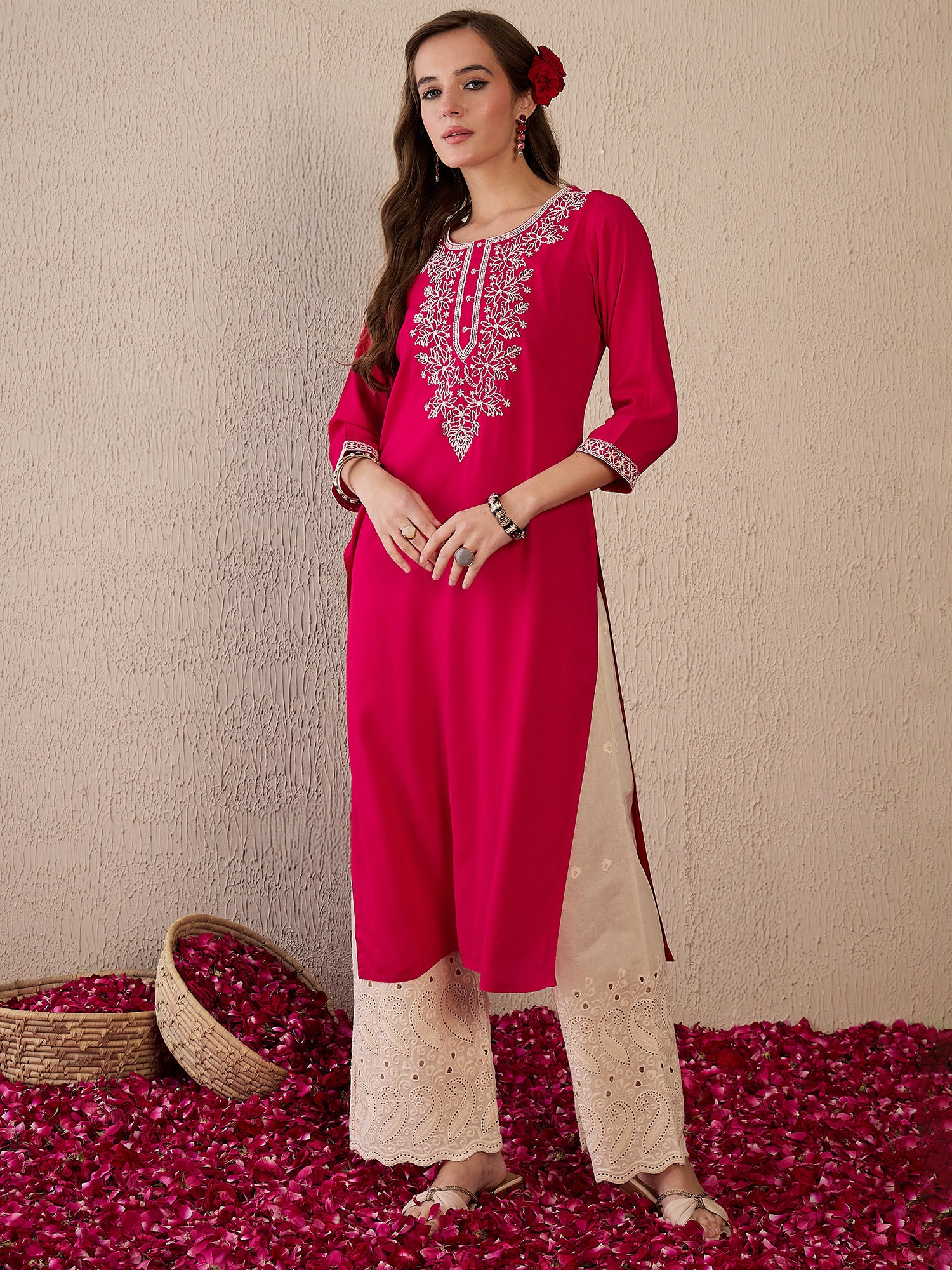 indo era, suit, kurta set for women, indo era kurta, kurta sets for ladies, summer dresses for women, 3 piece suit, cotton kurta set for women, new arrivals, women kurti plazo set, women in suit, kurta suit, floral kurta, short suit, spring summer, Pink kurta