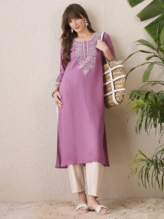 Indo Era Lavender Embroidered Straight Kurtas