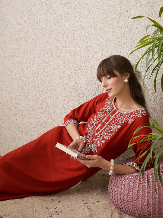 Indo Era Rust Embroidered Straight Kurtas