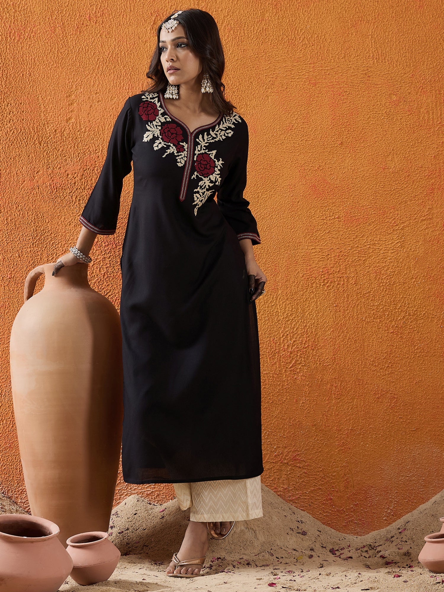 indo era, suit, kurta set for women, indo era kurta, kurta sets for ladies, summer dresses for women, 3 piece suit, cotton kurta set for women, new arrivals, women kurti plazo set, women in suit, kurta suit, floral kurta, short suit, spring summer, Black kurta