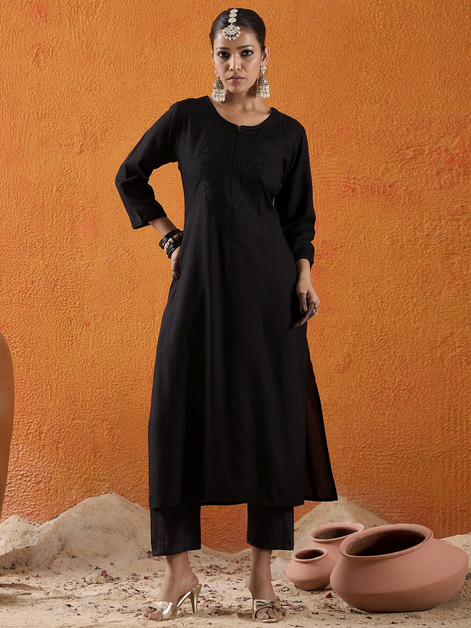 indo era, suit, kurta set for women, indo era kurta, kurta sets for ladies, summer dresses for women, 3 piece suit, cotton kurta set for women, new arrivals, women kurti plazo set, women in suit, kurta suit, floral kurta, short suit, spring summer, Black kurta