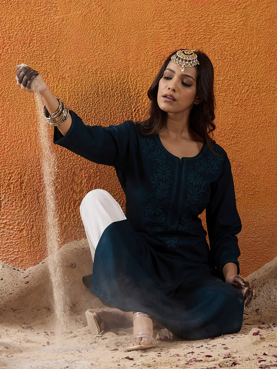 Teal Embroidered Rayon Straight Kurta