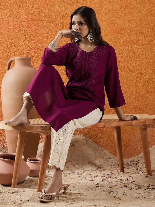 Indo Era Burgundy Embroidered Straight Kurtas