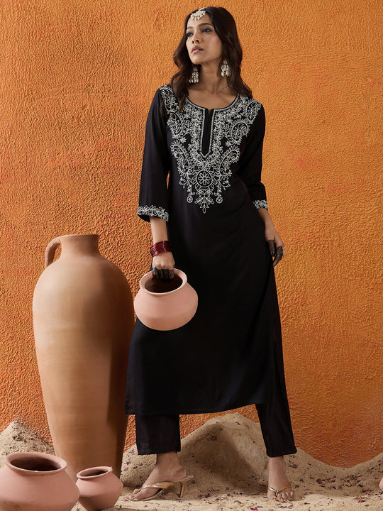 Indo Era Black Embroidered Straight Kurtas