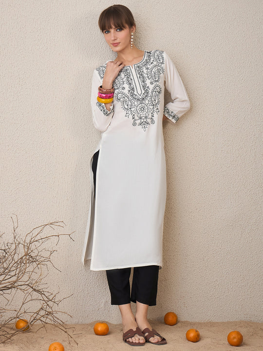 Indo Era White Embroidered Straight Kurtas