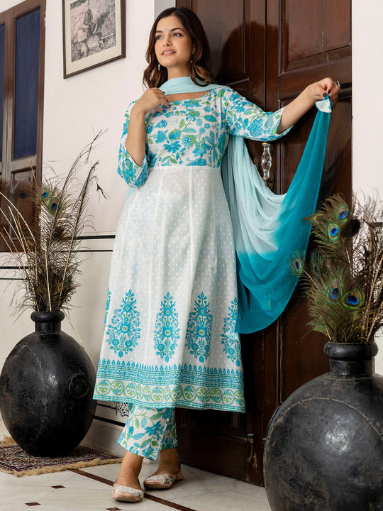 Indo Era White Printed Anarkali Kurta Trousers With Dupatta Set