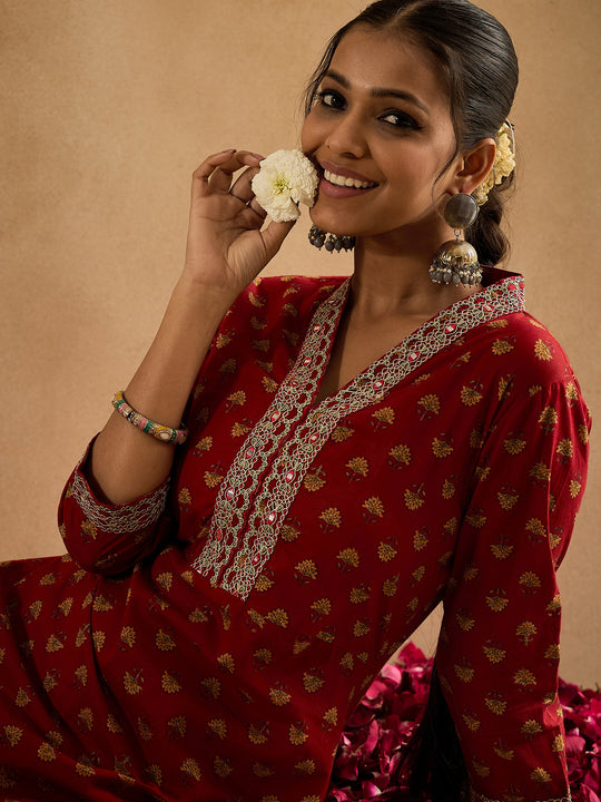 Indo Era Red Embroidered A-Line Kurtas