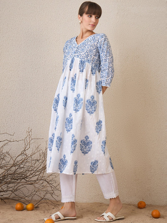 White Floral Printed A-Line Cotton Kurta