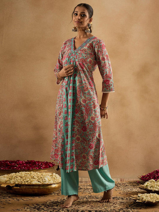 Indo Era Sea Green Printed A-Line Kurtas