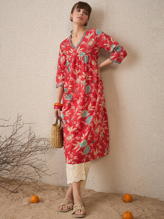 Indo Era Pink Printed A-Line Kurtas