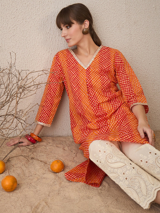 Orange Printed A-Line Cotton Kurta
