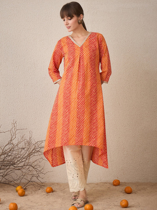 Orange Printed A-Line Cotton Kurta