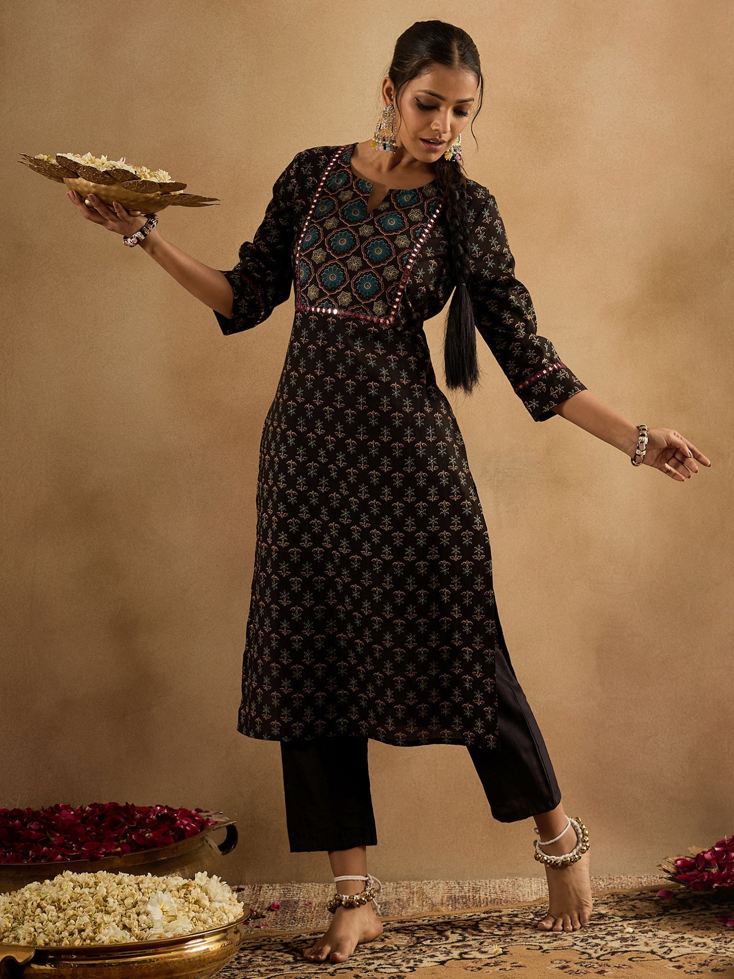 indo era, suit, kurta set for women, indo era kurta, kurta sets for ladies, summer dresses for women, 3 piece suit, cotton kurta set for women, new arrivals, women kurti plazo set, women in suit, kurta suit, floral kurta, short suit, spring summer, Black kurta