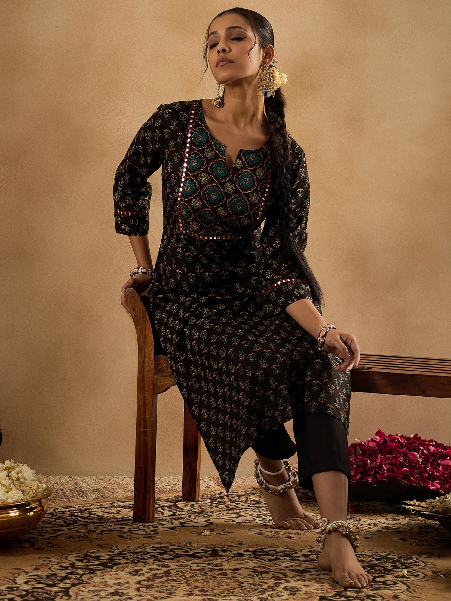indo era, suit, kurta set for women, indo era kurta, kurta sets for ladies, summer dresses for women, 3 piece suit, cotton kurta set for women, new arrivals, women kurti plazo set, women in suit, kurta suit, floral kurta, short suit, spring summer, Black kurta